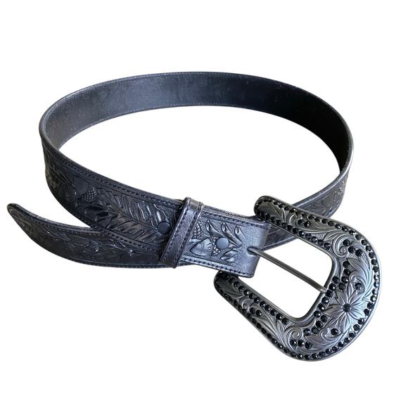 VTG Western Acorn Tooled Sz 32” Dark Brown Gun Metal Buckle Rhinestone Bling - Picture 1 of 12